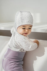 Avauma baby wearing high-waist ribbed leggings in Cream Purple, comfortable and stretchy baby pants, soft newborn outfit Avauma baby wearing high-waist ribbed leggings in Cream Purple, comfortable and stretchy baby pants, soft newborn outfit