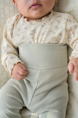 Close-up of Avauma Aileen Baby Leggings - Powder Mint, soft ribbed texture, breathable baby leggings Close-up of Avauma Aileen Baby Leggings - Powder Mint, soft ribbed texture, breathable baby leggings