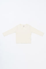 Avauma Chloe Ribbon T-shirt in Cotton Cream, a ribbed long-sleeve baby top with a sweet ribbon detail.
Avauma Chloe Ribbon T-shirt in Cotton Cream, a ribbed long-sleeve baby top with a sweet ribbon detail.