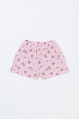 Flat Lay of Avauma Fluffy Garden Peach Mood Baby Shorts, Soft Pink Floral Print Cotton Shorts
 Flat Lay of Avauma Fluffy Garden Peach Mood Baby Shorts, Soft Pink Floral Print Cotton Shorts