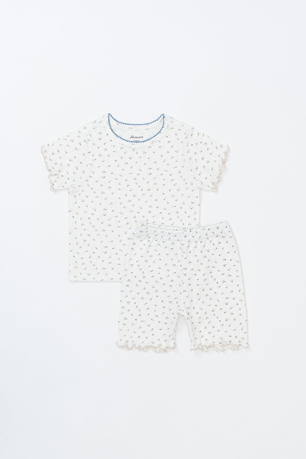 Avauma Mellow Days Short Sleeve Baby Set in Vanilla Herb, flat lay. Soft ribbed fabric with small green floral print and blue trim, perfect for summer. Avauma Mellow Days Short Sleeve Baby Set in Vanilla Herb, flat lay. Soft ribbed fabric with small green floral print and blue trim, perfect for summer.