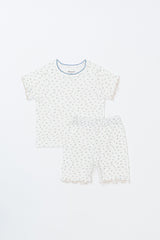 Avauma Mellow Days Short Sleeve Baby Set in Vanilla Herb, flat lay. Soft ribbed fabric with small green floral print and blue trim, perfect for summer. Avauma Mellow Days Short Sleeve Baby Set in Vanilla Herb, flat lay. Soft ribbed fabric with small green floral print and blue trim, perfect for summer.