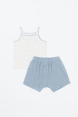 Flat lay of Avauma baby tank set in blue picot – white sleeveless top with blue trim and matching blue shorts
Flat lay of Avauma baby tank set in blue picot – white sleeveless top with blue trim and matching blue shorts