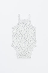 Avauma Lily Sleeveless Bodysuit Cream Blue product shot. Lay-flat of white sleeveless baby romper with small blue floral print on a white background. Avauma Lily Sleeveless Bodysuit Cream Blue product shot. Lay-flat of white sleeveless baby romper with small blue floral print on a white background.