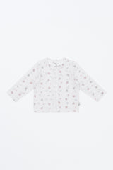 avauma Little Shell Cardigan – Rosy Cream Flower print laid flat, soft baby knitwear with floral pattern. avauma Little Shell Cardigan – Rosy Cream Flower print laid flat, soft baby knitwear with floral pattern.
