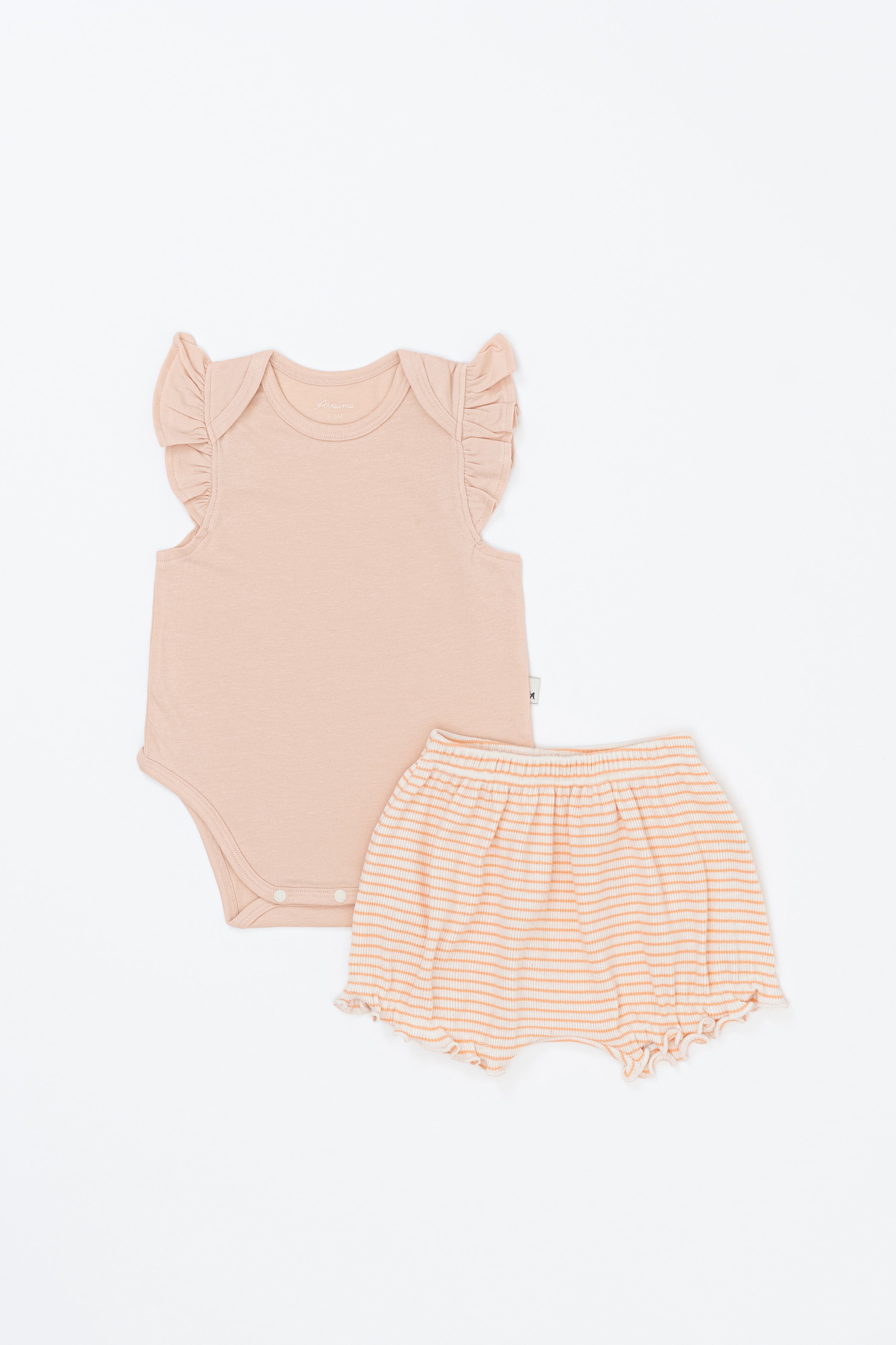 Avauma Mellow Stripe Set Peach Macaron. Soft peach colored infant top and bottom outfit on white background, ideal for baby girls. Avauma Mellow Stripe Set Peach Macaron. Soft peach colored infant top and bottom outfit on white background, ideal for baby girls.