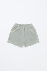 Avauma Pocket Day Shorts in Green Tea Milk – soft green toddler shorts with elastic waistband and scallop pockets on white background
Avauma Pocket Day Shorts in Green Tea Milk – soft green toddler shorts with elastic waistband and scallop pockets on white background