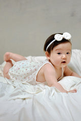 Cute baby in Avauma Summer Picot Sleeveless Bodysuit Rosebell. Infant on stomach with a bow headband, wearing a white floral print romper.
Cute baby in Avauma Summer Picot Sleeveless Bodysuit Rosebell. Infant on stomach with a bow headband, wearing a white floral print romper.