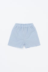 Avauma Sunny Stripe Pants Blueberry Powder product shot. Lay-flat of light blue striped baby shorts on a white background. Avauma Sunny Stripe Pants Blueberry Powder product shot. Lay-flat of light blue striped baby shorts on a white background.