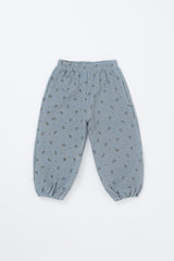 Avauma Breeze Jogger Pants in deepblue flower print, lightweight baby pants in flat lay view. Avauma Breeze Jogger Pants in deepblue flower print, lightweight baby pants in flat lay view.