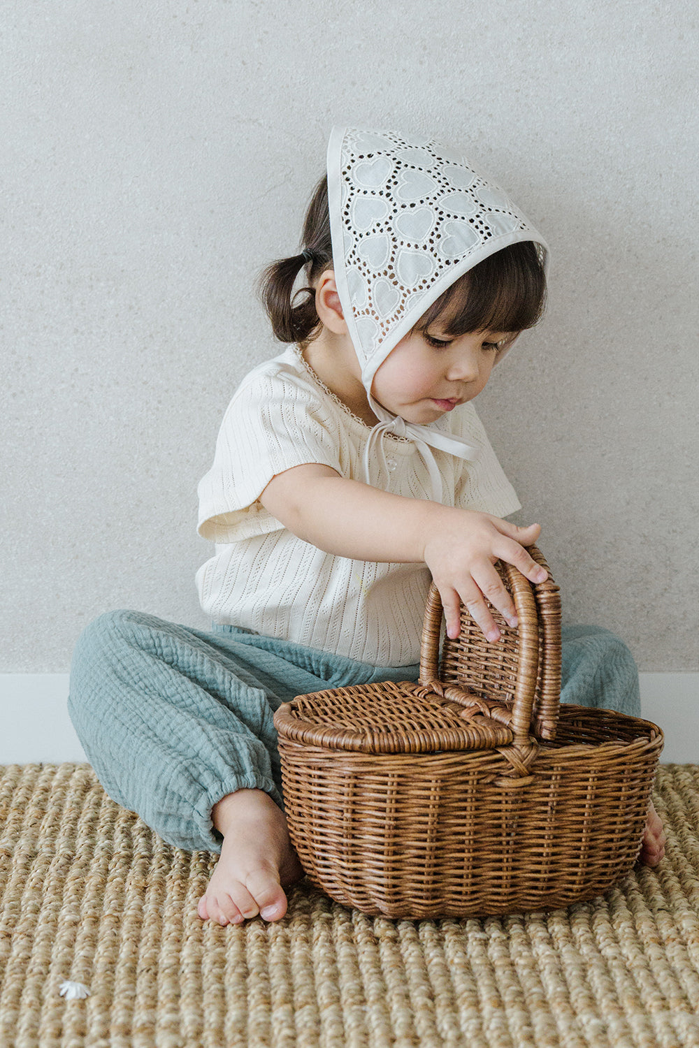 Toddler Girl Holding Basket in Avauma Breeze Jogger Pants Sage Mint, Soft Textured Cotton Baby Pants
Toddler Girl Holding Basket in Avauma Breeze Jogger Pants Sage Mint, Soft Textured Cotton Baby Pants