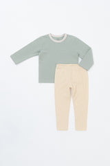 Front view of the Avauma Cloud Ribbed Setup in Sage Leaf – a children’s outfit featuring a soft sage-colored top and cream ribbed leggings for a comfortable look Front view of the Avauma Cloud Ribbed Setup in Sage Leaf – a children’s outfit featuring a soft sage-colored top and cream ribbed leggings for a comfortable look
