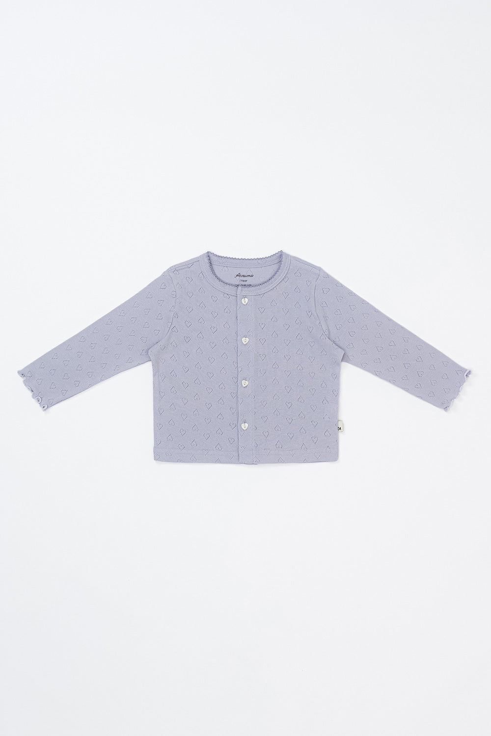 Flat lay of Avauma Haze Heart Cardigan in Soft Plume, lightweight baby cardigan with heart knit pattern and scalloped trim. Flat lay of Avauma Haze Heart Cardigan in Soft Plume, lightweight baby cardigan with heart knit pattern and scalloped trim.