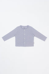 Flat lay of Avauma Haze Heart Cardigan in Soft Plume, lightweight baby cardigan with heart knit pattern and scalloped trim. Flat lay of Avauma Haze Heart Cardigan in Soft Plume, lightweight baby cardigan with heart knit pattern and scalloped trim.