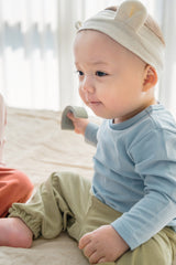 Newborn baby in Avauma Cloud Blue jogger set – long sleeve cotton top and jogger pants
 Newborn baby in Avauma Cloud Blue jogger set – long sleeve cotton top and jogger pants