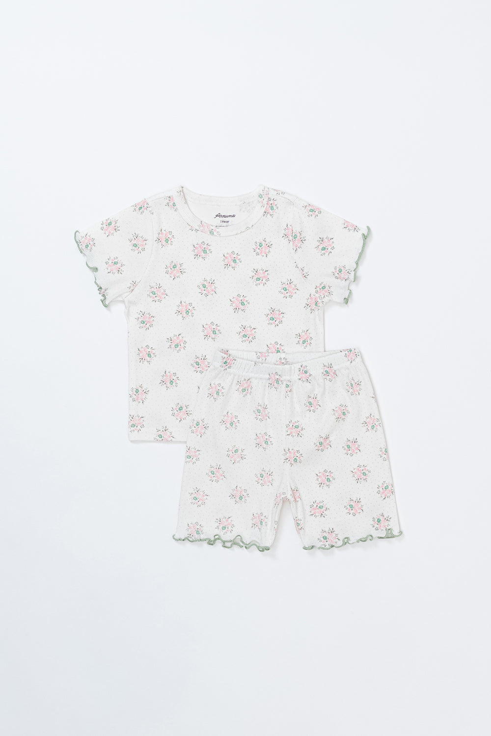 Sienna Rose short sleeve baby set in Creamy Buquet floral pattern, soft cream color summer outfit for babies by Avauma Sienna Rose short sleeve baby set in Creamy Buquet floral pattern, soft cream color summer outfit for babies by Avauma