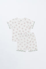 Sienna Rose short sleeve baby set in Creamy Buquet floral pattern, soft cream color summer outfit for babies by Avauma Sienna Rose short sleeve baby set in Creamy Buquet floral pattern, soft cream color summer outfit for babies by Avauma