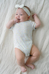 Side View of Baby in Avauma Soft Rose Butter Garden Short Sleeve Floral Bodysuit, Lightweight Babywear
Side View of Baby in Avauma Soft Rose Butter Garden Short Sleeve Floral Bodysuit, Lightweight Babywear