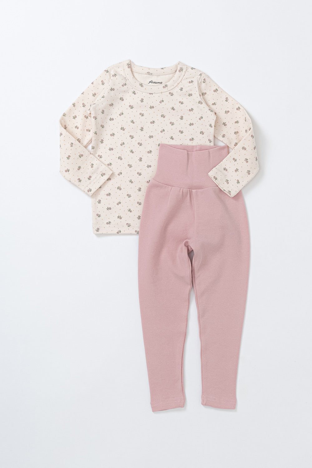 Avauma Lovely Duet Setup Blossom Strawberry, featuring a cream-colored floral top and soft pink pants for toddlers.