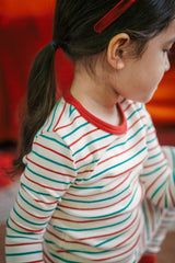 Side profile of child in AVAUMA Holiday Long Sleeve Pajama Set - Candy Stripe Redcuff, festive holiday attire

