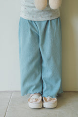 Close-up of Avauma Sky Blue pleated toddler pants and hem detail
