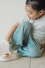 Close-up of Avauma Sky Blue lightweight pleated pants for toddlers