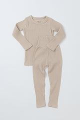 Soft ribbed baby pajamas set in Crimson Caramel color by Avauma, long sleeve cotton sleepwear for comfortable baby sleep