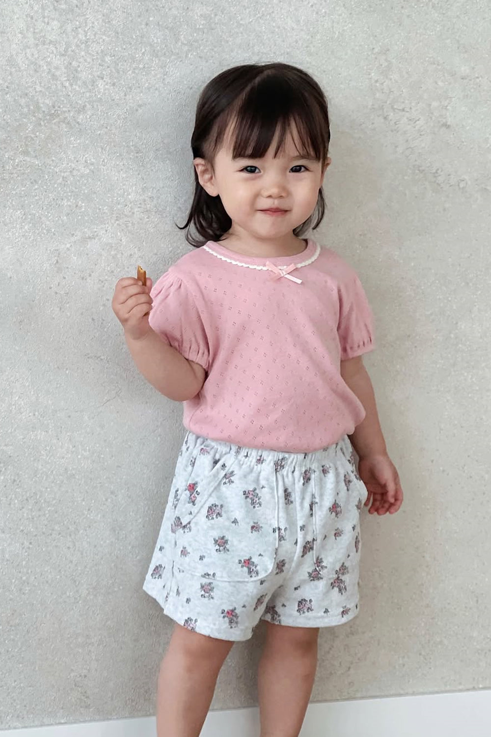 Toddler Girl in Avauma Fluffy Garden Cream Rose Shorts, Comfortable Cotton Shorts with Allover Rose Pattern


