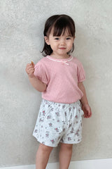 Toddler Girl in Avauma Fluffy Garden Cream Rose Shorts, Comfortable Cotton Shorts with Allover Rose Pattern

