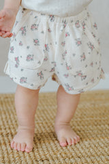 Close-up of Avauma Fluffy Garden Cream Rose Floral Baby Shorts, Lightweight Ribbed Cotton Fabric

