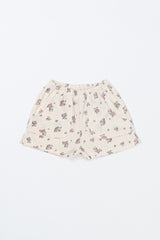 Flat Lay of Avauma Fluffy Garden Cream Rose Baby Shorts, Lightweight Cotton Shorts with Floral Print

