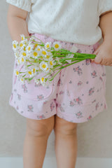 Close-up of Avauma Fluffy Garden Peach Mood Baby Shorts, Delicate Rose Pattern on Soft Ribbed Fabric

