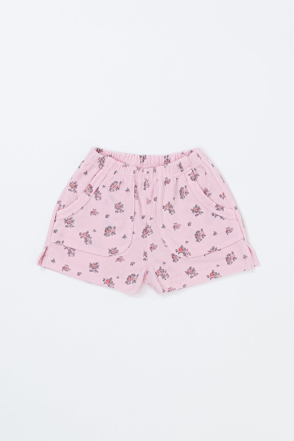 Flat Lay of Avauma Fluffy Garden Peach Mood Baby Shorts, Soft Pink Floral Print Cotton Shorts

