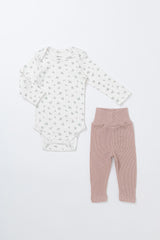 Picot Flower Bodysuit & Pants Set - Blossom Pink