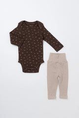 Picot Flower Bodysuit & Pants Set - Maple Mocca