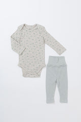 Picot Flower Bodysuit & Pants Set - Pebble Green