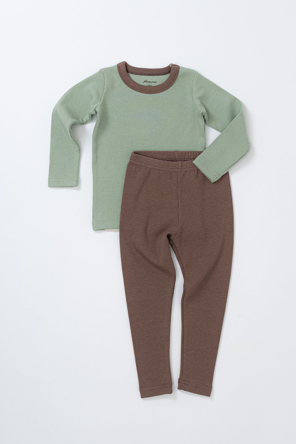 Flat lay of Avauma Coco Classic Long Sleeve Set in Applemint bun color - featuring a green long-sleeve top and brown pants, designed for cozy everyday wear as baby pajamas or sleepwear.