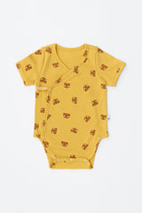 Avauma baby bodysuit short sleeve wrap style yellow bear print newborn outfit