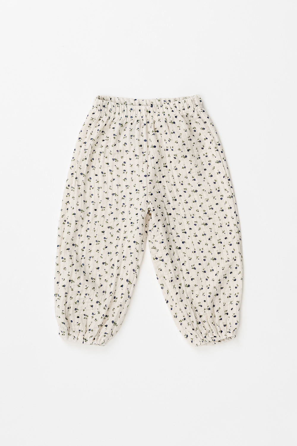 Avauma 100% cotton muslin jogger pants for toddlers, featuring a cream white color with all-over blue flower print, size fits ages 1-3.