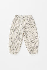 Avauma 100% cotton muslin jogger pants for toddlers, featuring a cream white color with all-over blue flower print, size fits ages 1-3.