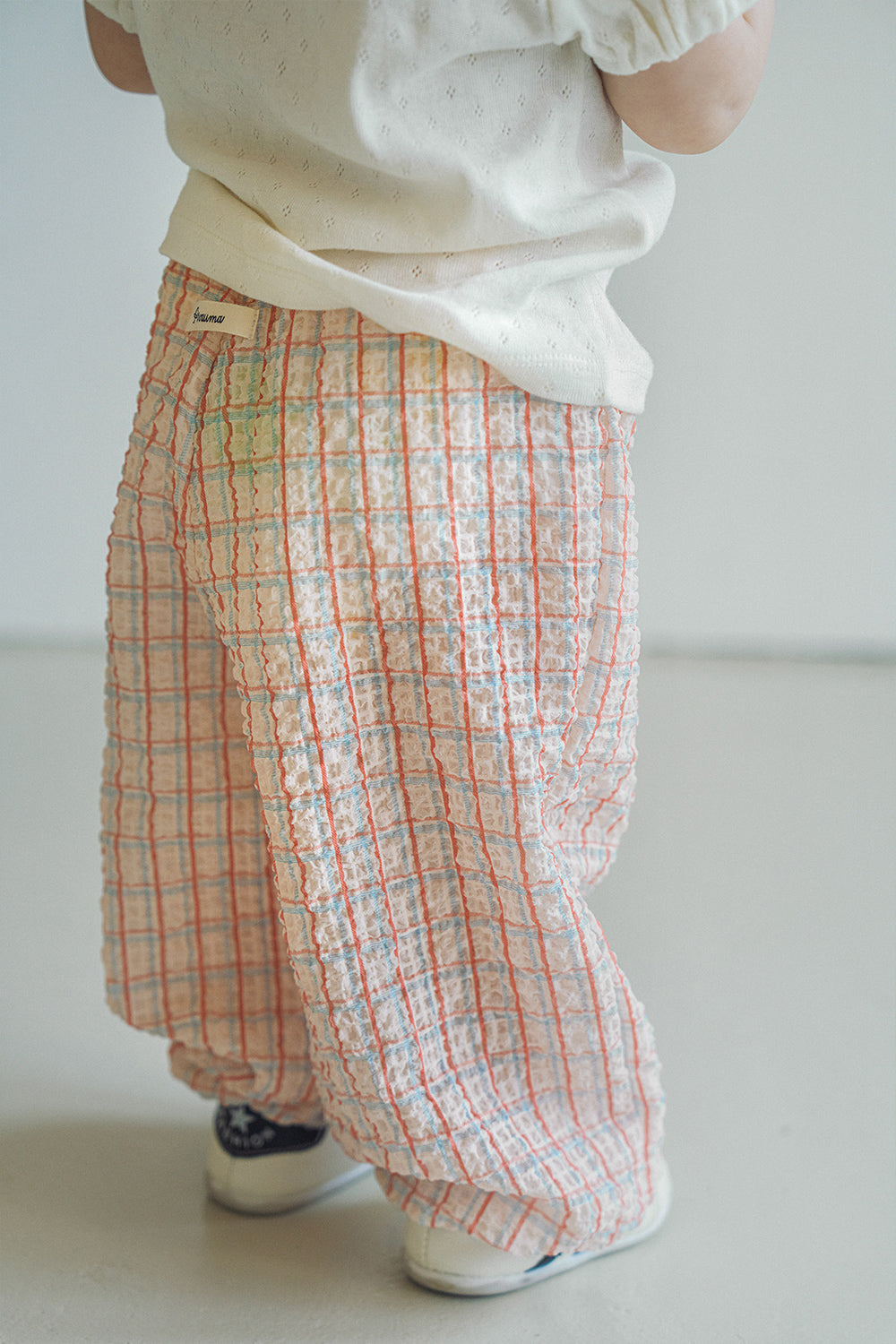 Avauma baby oat grid check pants crinkle fabric breathable summer texture