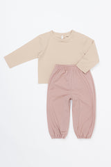 avauma baby cotton jogger pants and long sleeve top set in soft pink, toddler daily wear

