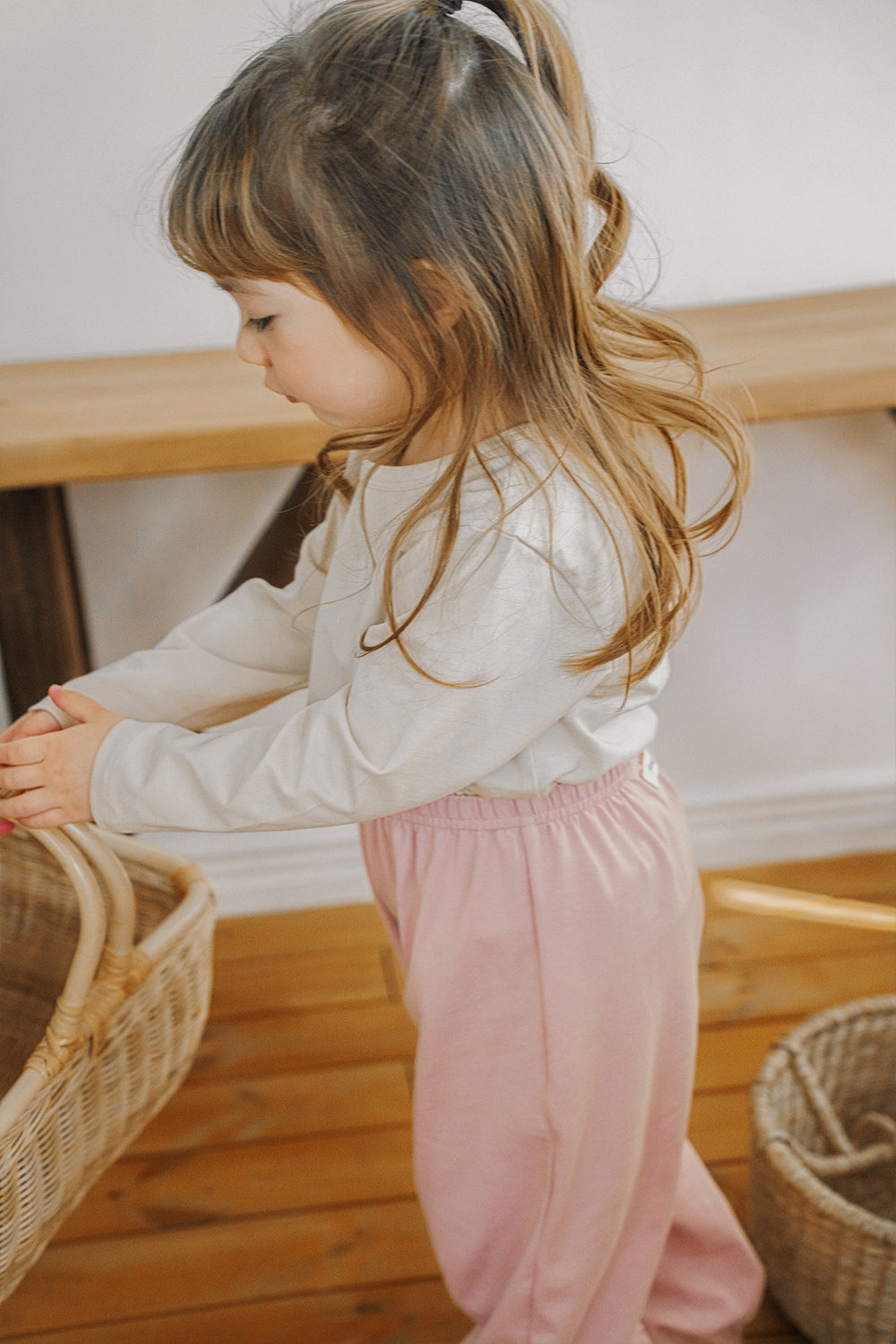 avauma baby jogger pants back view with elastic waistband, soft pink
