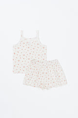 Flatlay of Avauma rose belle picnic tank top and frill shorts – soft floral print
