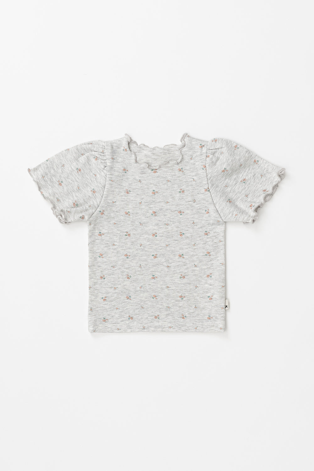 Avauma baby girl floral print short-sleeve top in heather grey with decorative ruffled edges and puff sleeves.