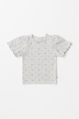 Avauma baby girl floral print short-sleeve top in heather grey with decorative ruffled edges and puff sleeves.