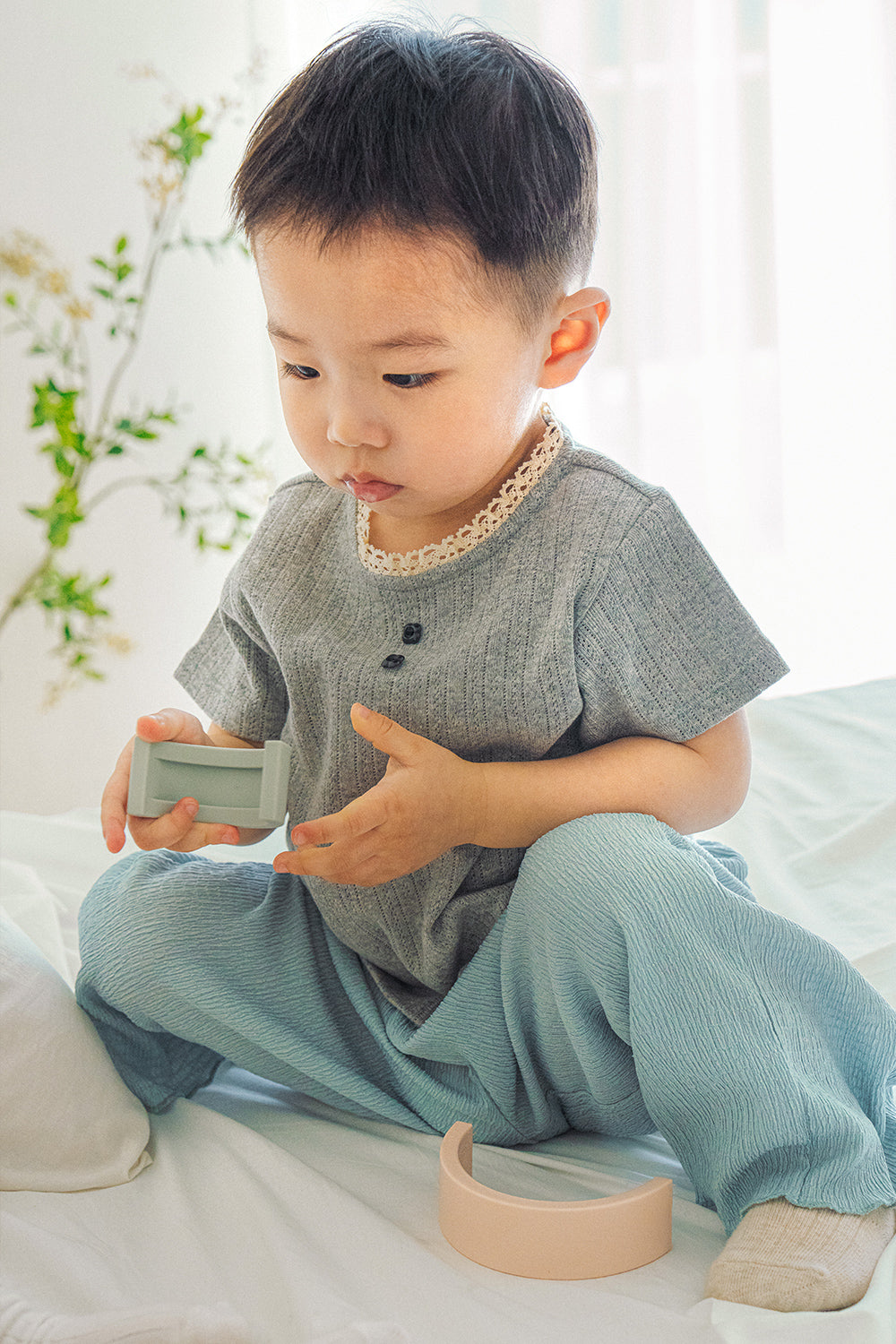 Avauma toddler boy outfit soft gray cotton top blue wide pants kids outfit comfy everyday wear