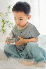 Avauma toddler boy outfit soft gray cotton top blue wide pants kids outfit comfy everyday wear