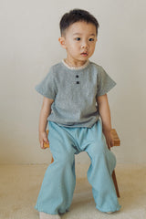 Avauma toddler boy summer outfit soft gray henley top blue wide pants full body kids outfit