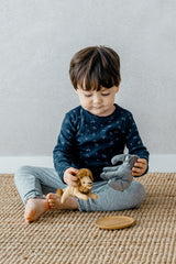 Avauma Picot Flower Setup - Lunabel Gray pajama set, featuring a floral long-sleeve top in navy blue and light gray ribbed pants, perfect for baby sleepwear.